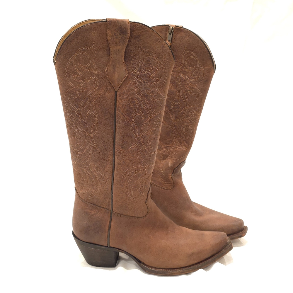 Justin Western Tall Leather Cowboy Boots Womens 9 Embroidered Brown Side Zip EUC